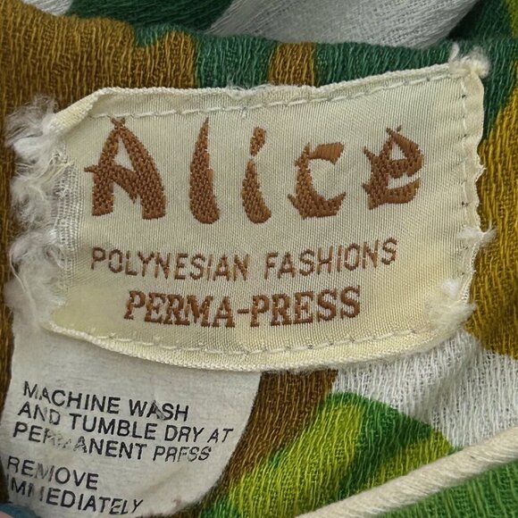 Alice Polynesian Fashions 60s Green Floral Tiki Barkcloth Maxi Dress Size Small - Picture 3 of 10